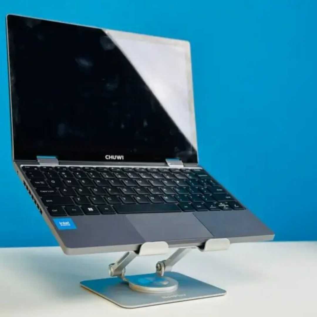 Laptop stand, MacBook stand, rotating stand, ergonomic design, portable, adjustable, ventilation, stability, compatibility, versatile, modern design, office accessories, tech gadgets.